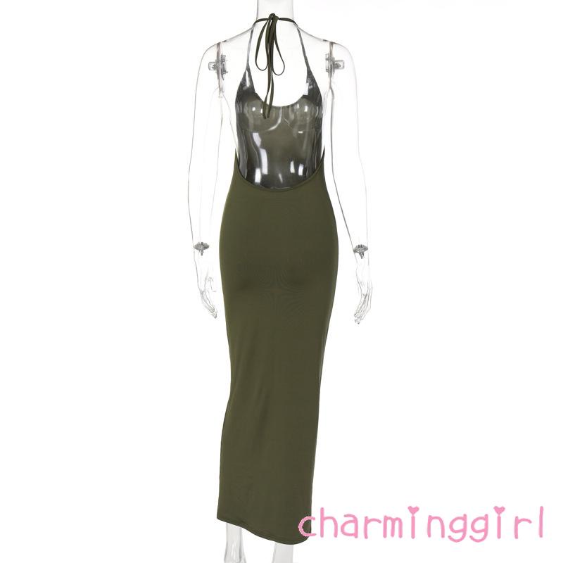 CHM-Women´s Sleeveless Halter Neck Dresses Solid Color Backless Tie-Up Bodycon One-Piece