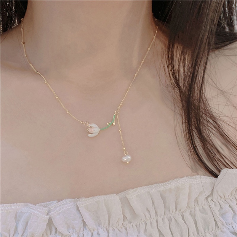 Japanese Korean Temperament Elegant Tulip Flower Pearl Tassel Necklace JP5