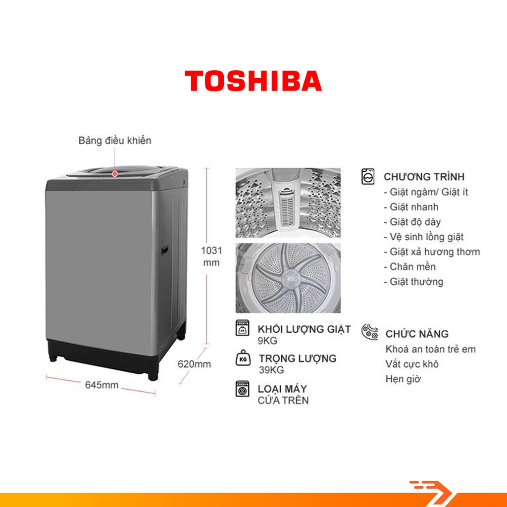 Máy Giặt Cửa Trên Toshiba 9 Kg AW-H1000GV SB - Bảo Hành Chính Hãng