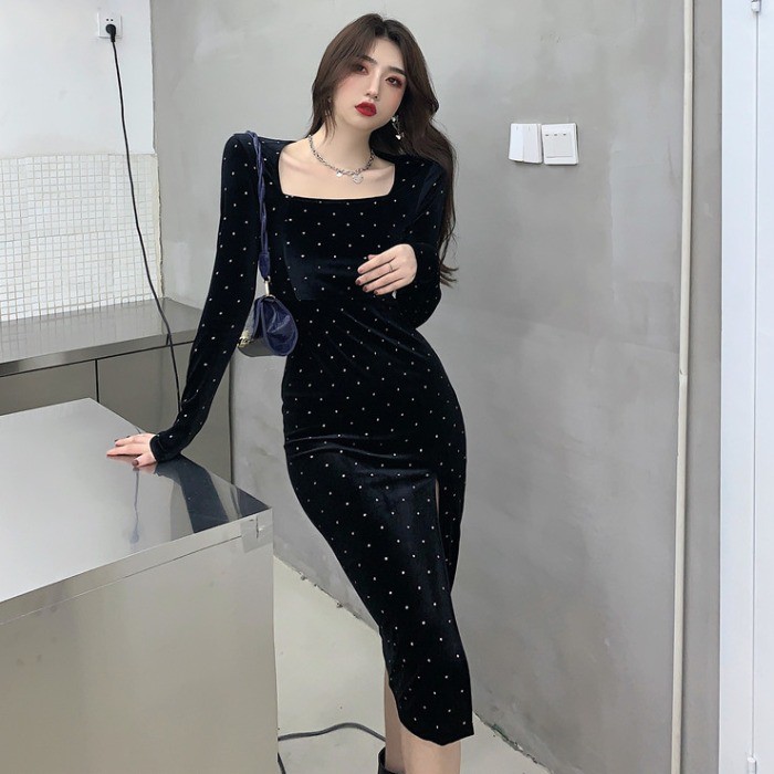 Đầm nhung dáng ôm tay dài in họa tiết chấm bi cho nữ