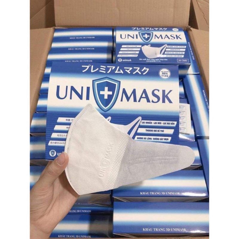 Hộp 50 chiếc Khẩu trang 3D Kháng khuẩn công nghệ Nhật Bản UNI MASK Quai co giãn 4 chiều .