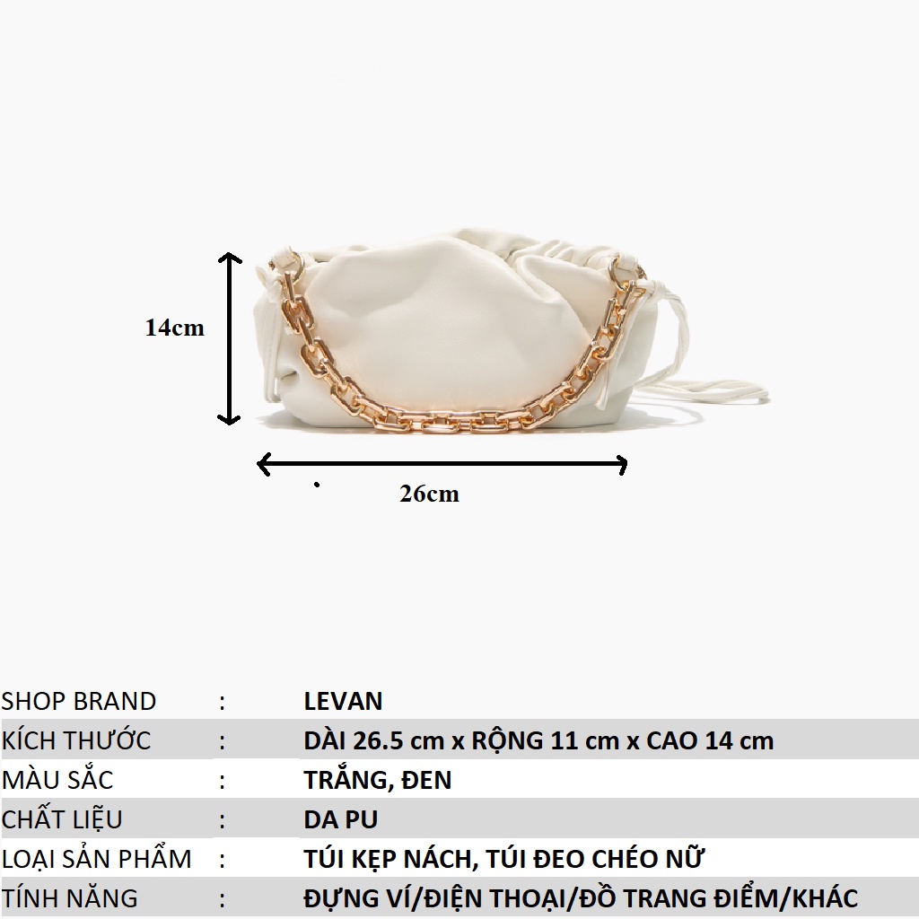 Túi da mềm đeo chéo, túi xách da pu nữ trơn kẹp nách dây xích to 2 màu đen, trắng LEVAN