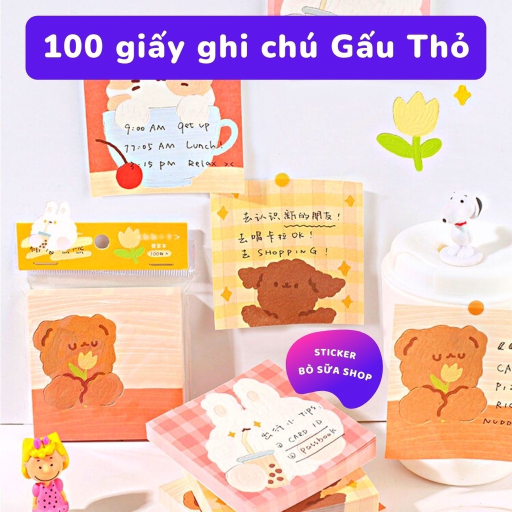 Set 100 Giấy ghi chú Gấu Thỏ Trà Sữa đáng yêu Stickerbosuashop