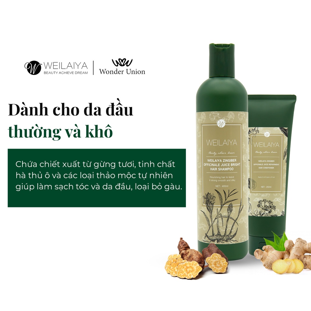 Cặp dầu gội xả tóc thảo dược Weilaiya gừng hà thủ ô giúp dưỡng đen và kích thích mọc tóc