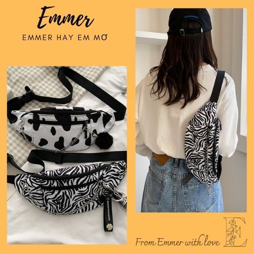 Túi bao tử họa tiết ngựa vằn, túi vải canvas đeo vai, đeo chéo unisex phong cách ullzang, phụ kiện Emmer191