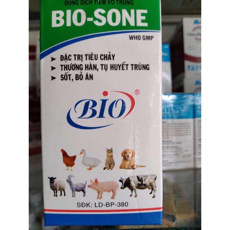 Bio - sone 100ml dùng cho gà, vịt, chó, mèo bị tiêu chảy, tụ huyết trùng, thương hàn, sốt bỏ ăn không rõ nguyên nhân