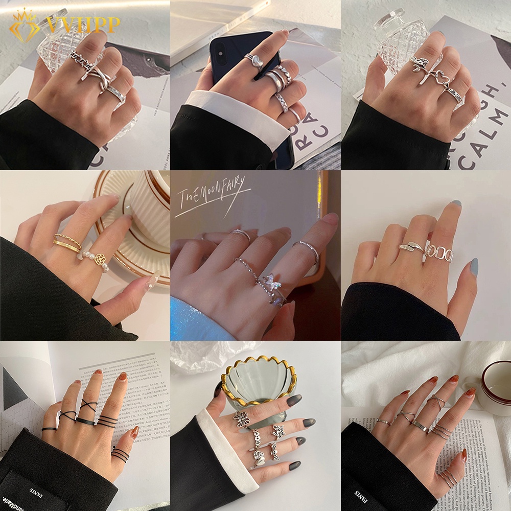 Set 5 nhẫn hình mặt cười/bướm/sóng bằng kim loại làm đẹp cho nữ