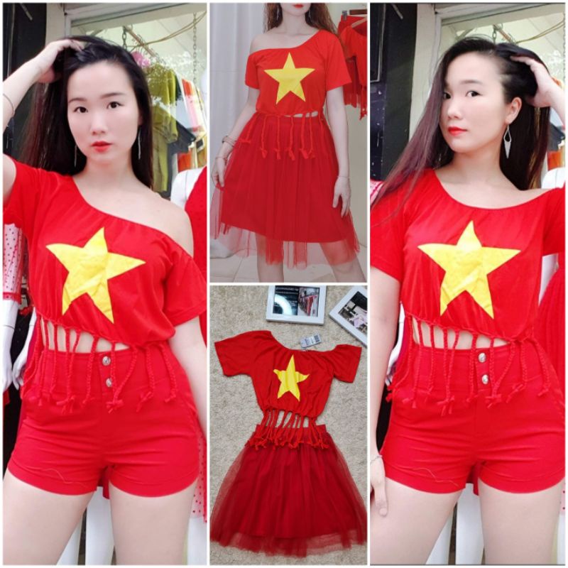 Áo cờ đỏ sao vàng croptop lệch vai bện tua rua cách điệu lạ xinh, là hàng thiết kế, chất cottong thoáng mát. Ảnh thật