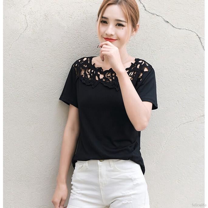 Áo tay ngắn phối lớp ren hoa xinh xắn cho nữ