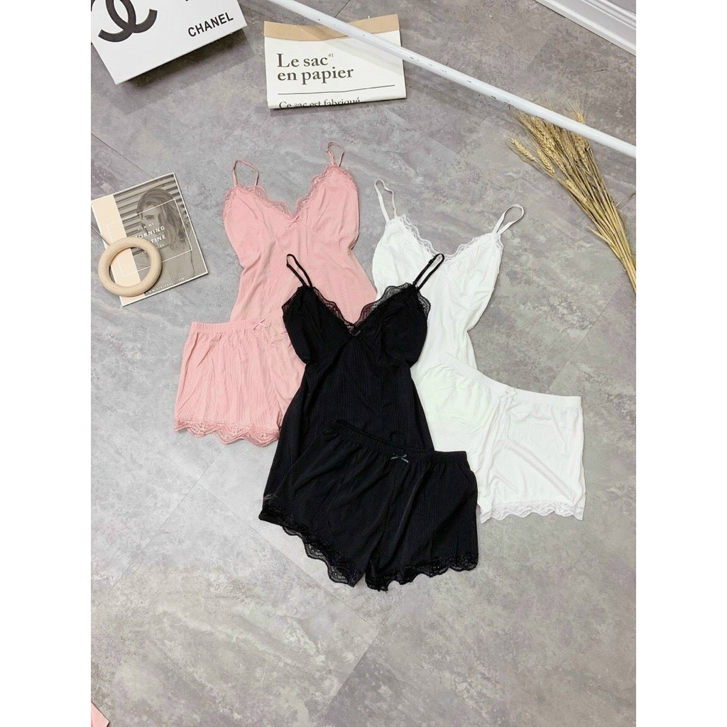 Bộ đồ ngủ len tăm 2 dây viền ren xinh xắn <48kg | BigBuy360 - bigbuy360.vn