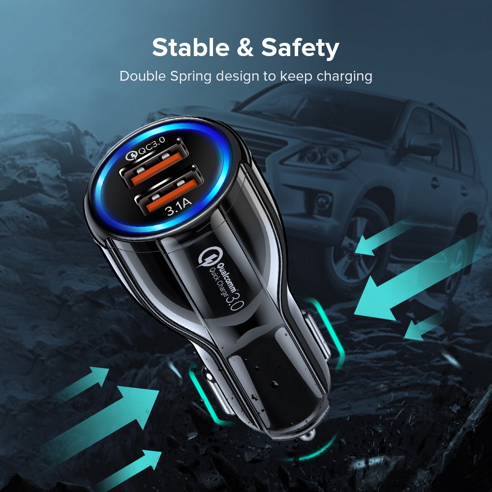 Cốc Sạc Điện Thoại Nhanh QC 18W Cổng USB Kép Có Đèn LED Cho Xe Hơi