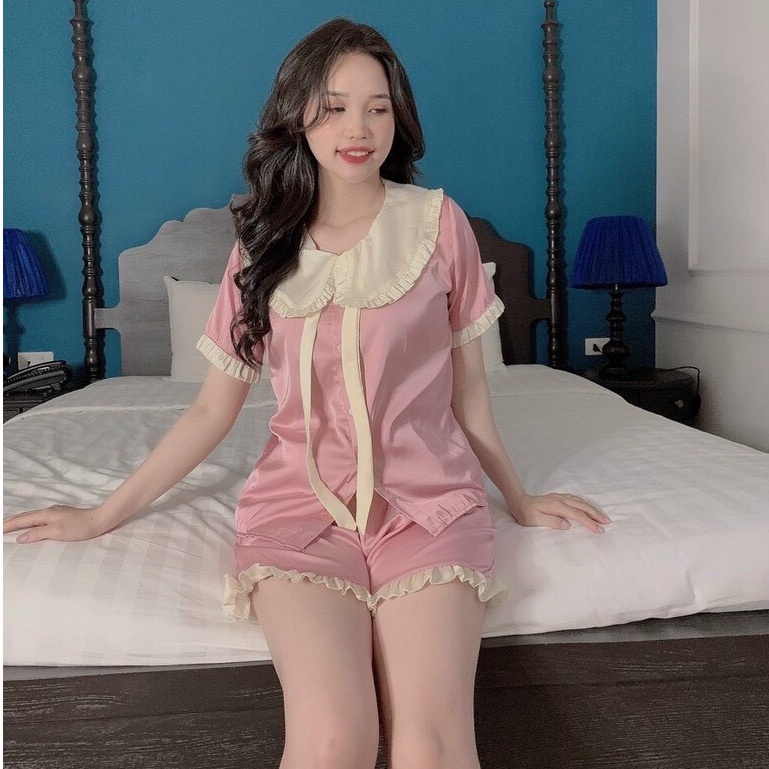 Bộ ngủ nữ cộc tay mùa hè pijama bèo tiểu thư chất vải kate mềm mịn tay cộc- Quần đùi nữ mặc nhà dễ thương giá rẻ bigsize