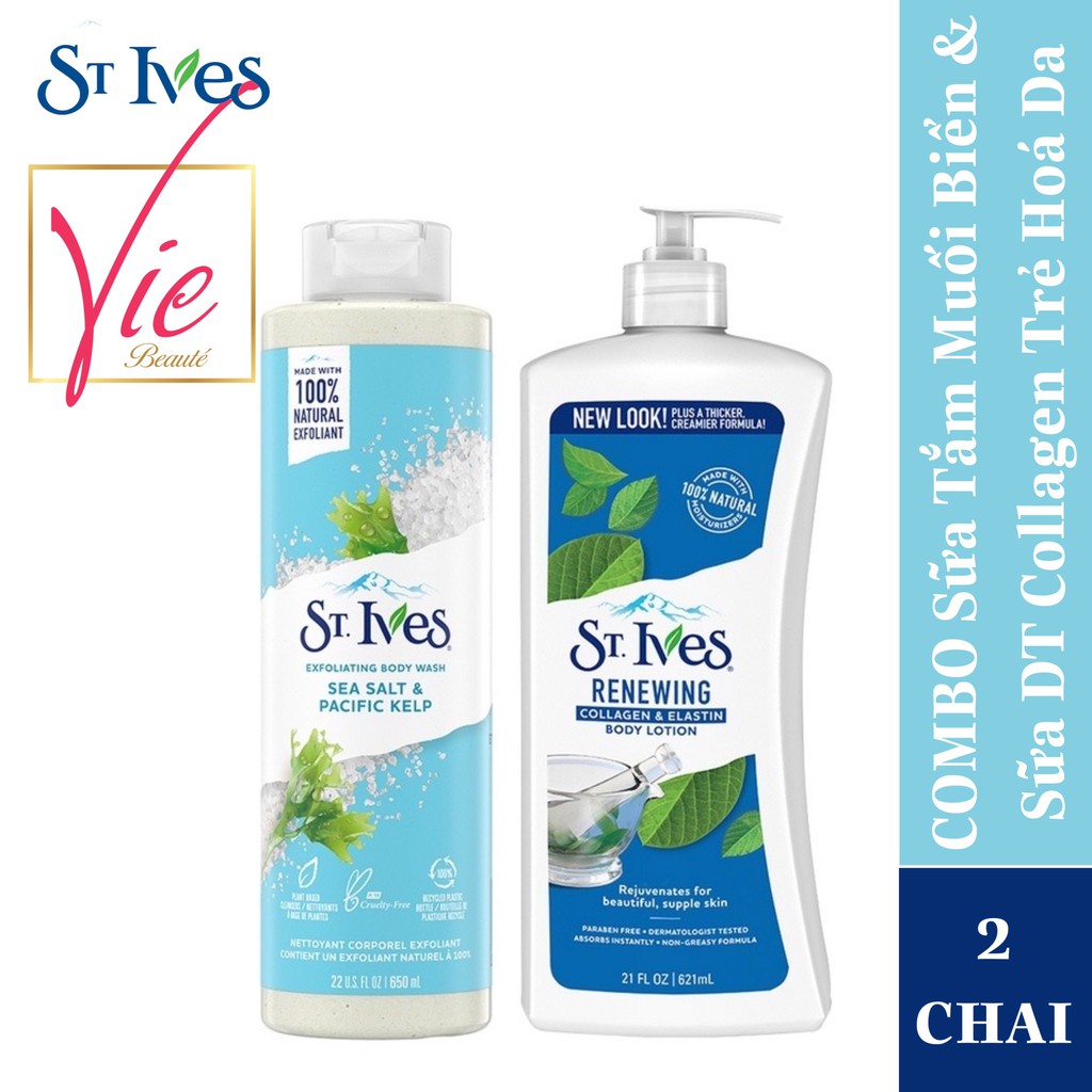 COMBO Sữa tắm St.ives Muối biển [650ml]  + Sữa dưỡng thể St.Ives Collagen trẻ hoá da [621ml]