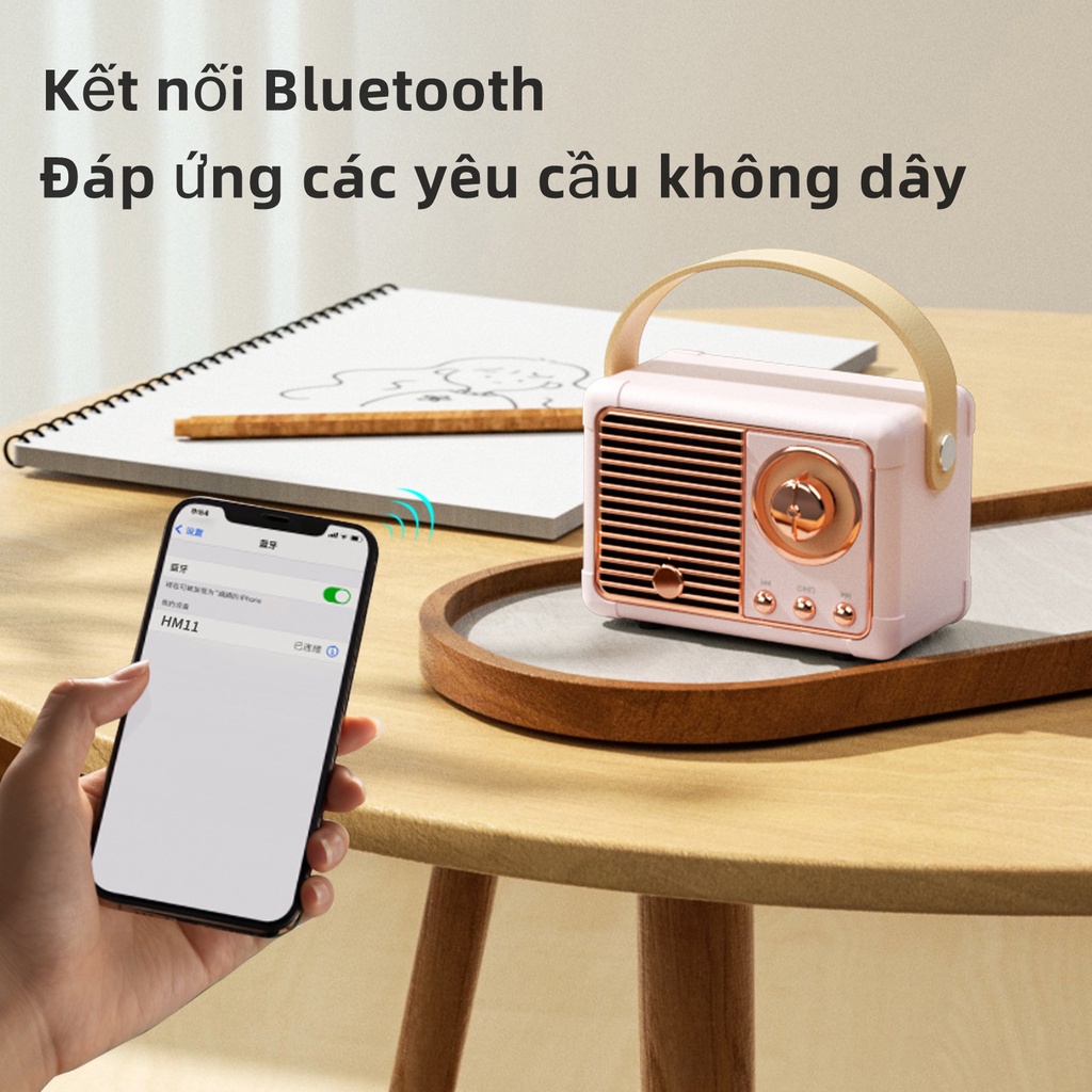 Loa mini kiểu cổ điển, dễ thương, hỗ trợ kết nối bluetooth 5.0 - âm lượng có thể điều chỉnh bằng tay, loa di động