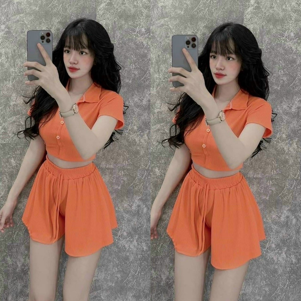 Set bộ đùi thun nữ,set áo thun cổ bẻ croptop,quần short đùi,bộ đùi trơn basic đơn giản đi chơi dạo phố cá sexy, xinh xắn