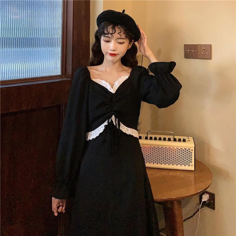 Đầm Nữ Phối Ren Dáng Ôm Phong Cách Retro Hàn Quốc Dễ Thương