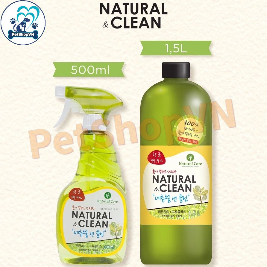 Xịt Khử Mùi Diệt Khuẩn NATURAL CLEAN Bảo Vệ Sức Khoẻ, Khử Mùi Hôi Cơ Thể Chó Mèo Chai 500ml / 1500ml