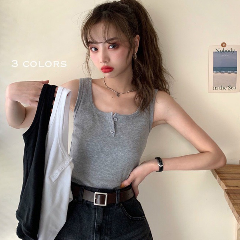 Áo ba lỗ nữ cổ cúc, áo croptop nữ chất liệu Bozip cao cấp 3 màu đen, trắng, xám phong cách Hàn Quốc cá tính. A1