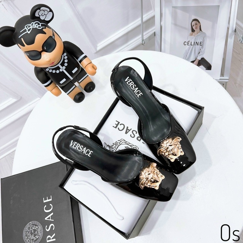 Giày Cao Gót Versace Mũi Vuông Hở Gót Tag Đồng Hàng Chuẩn Loại 1 Fullbox Bill