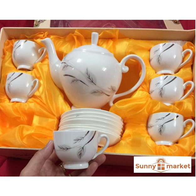 Bộ bình trà gốm sứ cao cấp kèm 6 ly bộ tách trà dùng làm quà tặng bộ ấm chén sang trọng