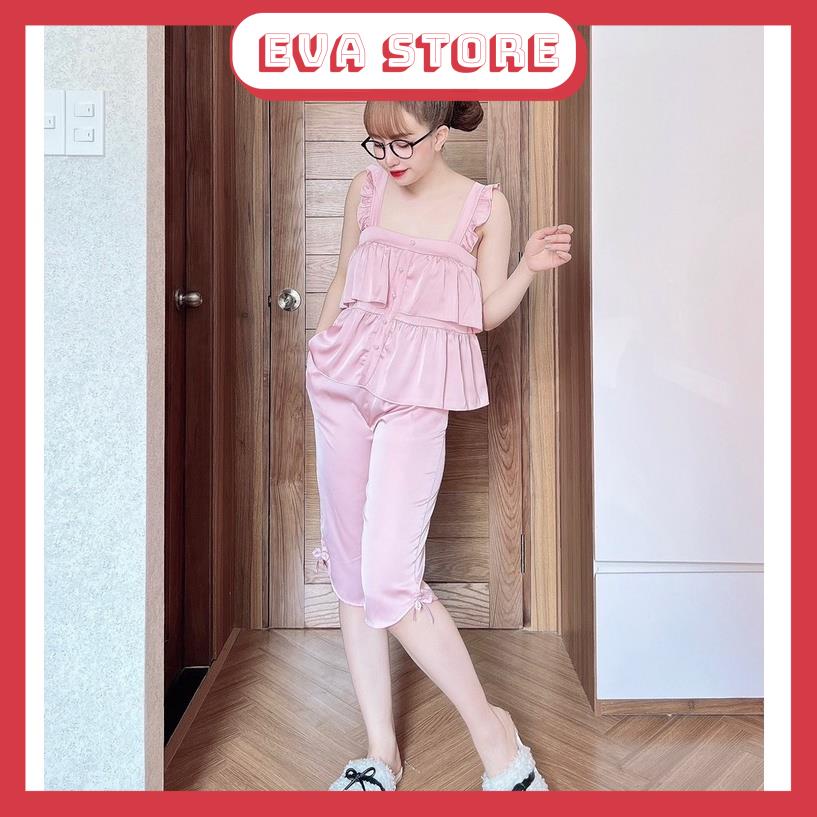 Bộ Đồ Lụa Cao Cấp, Bộ Ngủ Nữ Áo Tầng Quần Lửng Đính Nút Chất Lụa Satin Nhiều Màu Form Dáng Freesize Rộng Rãi.