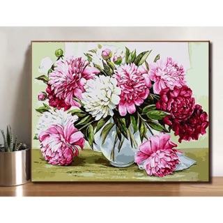 [HÀNG SẴN] Tranh sơn dầu số hoá tự tô màu Tranh Tĩnh Vật Bình Hoa Mẫu Đơn 03