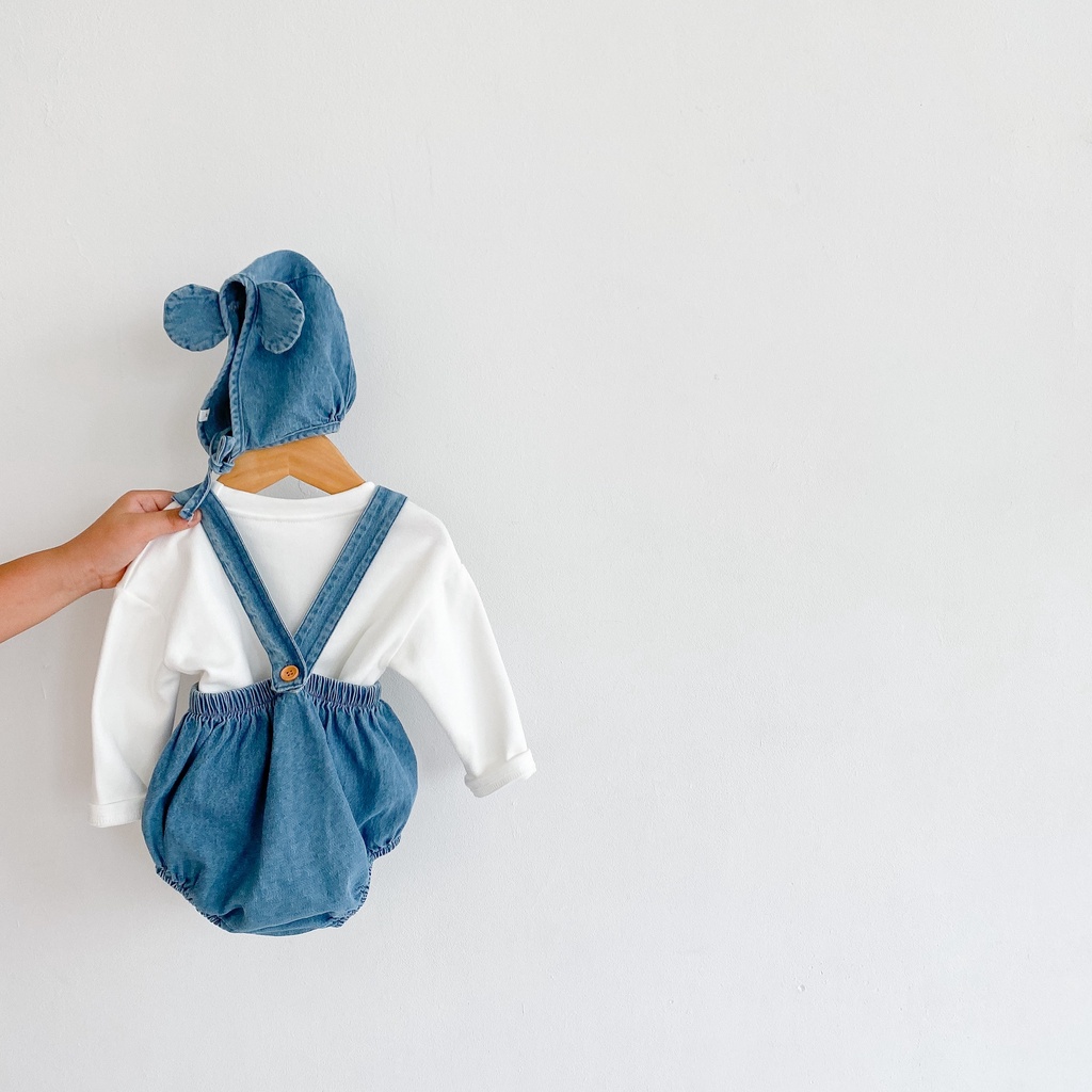 Bộ 3 Món Áo Liền Quần Denim Tay Dài In Họa Tiết Hoạt Hình + Mũ Tai Thỏ Dễ Thương Cho Bé Sơ Sinh