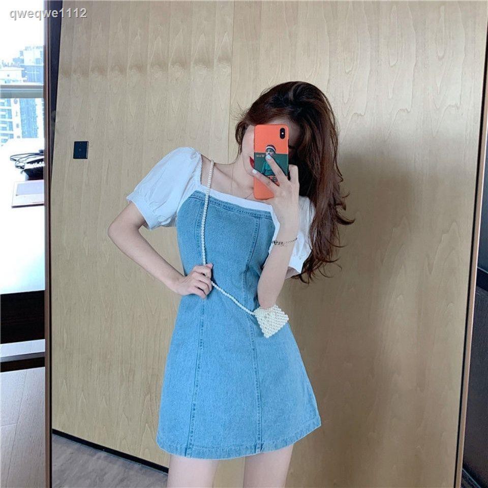 Đầm Denim Tay Phồng Cổ Vuông Phong Cách Retro Pháp