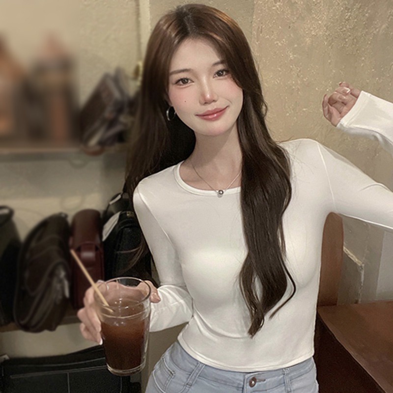 Áo Croptop Tay Dài Cổ Tròn Màu Sắc Đơn Giản Thiết Kế Hở Lưng Quyến Rũ