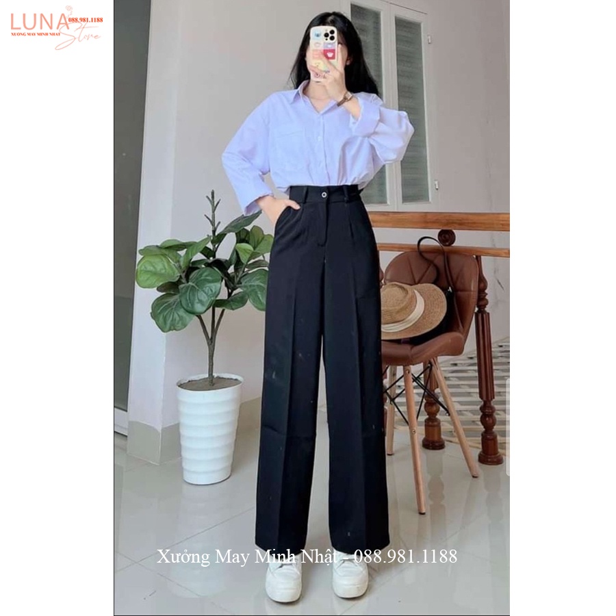 Quần tây ống rộng nữ đi học dài 100cm cạp lưng cao màu Đen dáng quần ống rộng lưng cao khóa trước vải tuyết mưa dày mềm
