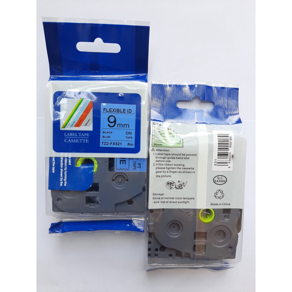 Nhãn In Brother Tz2-521, Khổ 9mm x 8 Mét, Chữ Đen Nền Xanh Dương , Nhãn Đa Lớp, Bám Dính Cao, Chống Nước
