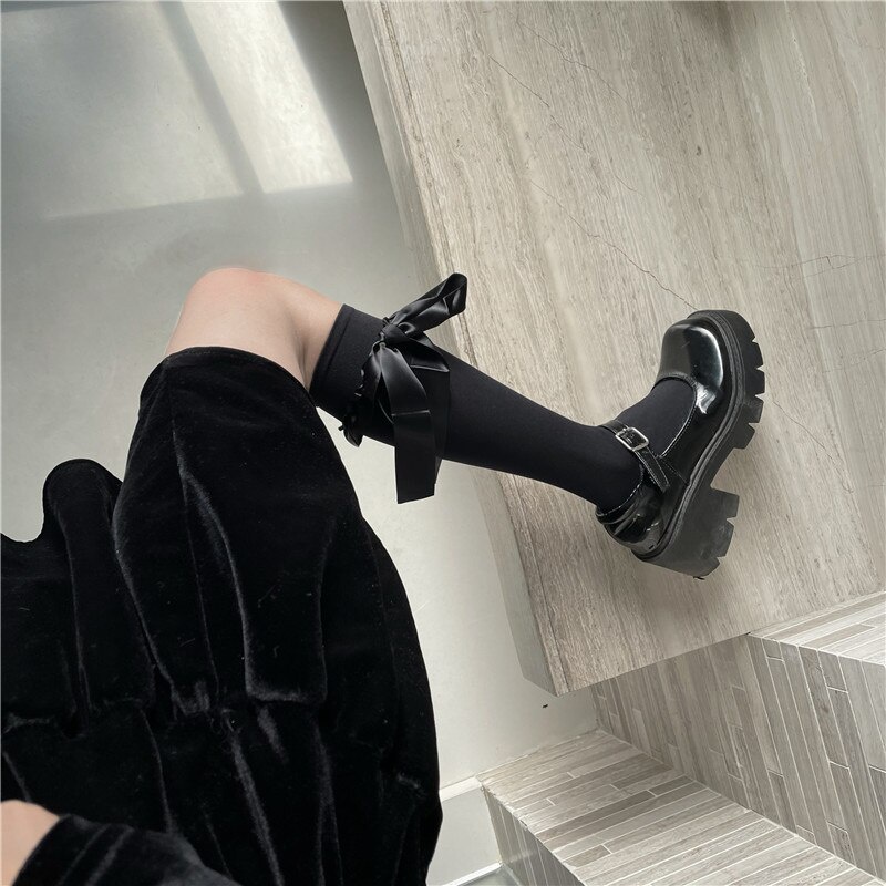 Harajuku Gothic Bow Calf Socks Female Lolita Japanese Velvet Tube Socks Breathable Kawaii Loli Sweet Thin Knee Socks Woman