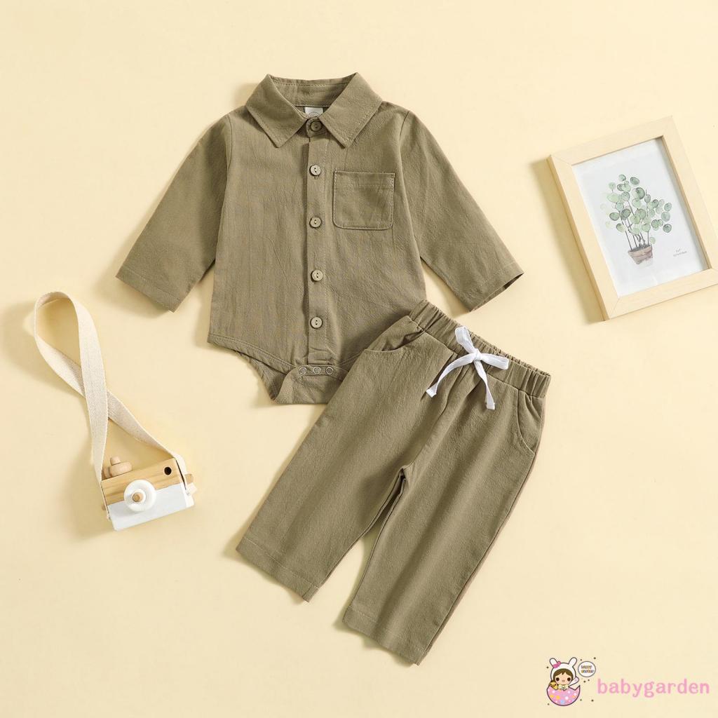 Set Đồ 2 Món Gồm Áo Sơ Mi Cài Khuy Tay Dài Cài Khuy + Quần Dài Lưng Thun Màu Trơn Cho Bé Trai 0-3 Tuổi