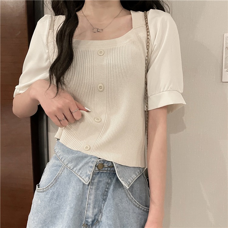 Áo thun ZHELIHANGFEI dệt kim tay phồng cổ vuông thời trang mùa hè dành cho nữ