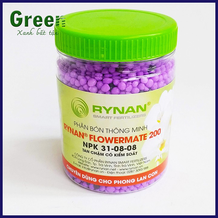 Phân tan chậm thông minh Rynan Flowermate 200 NPK 31-08-08 chuyên dùng cho phong lan cây con hũ 150g