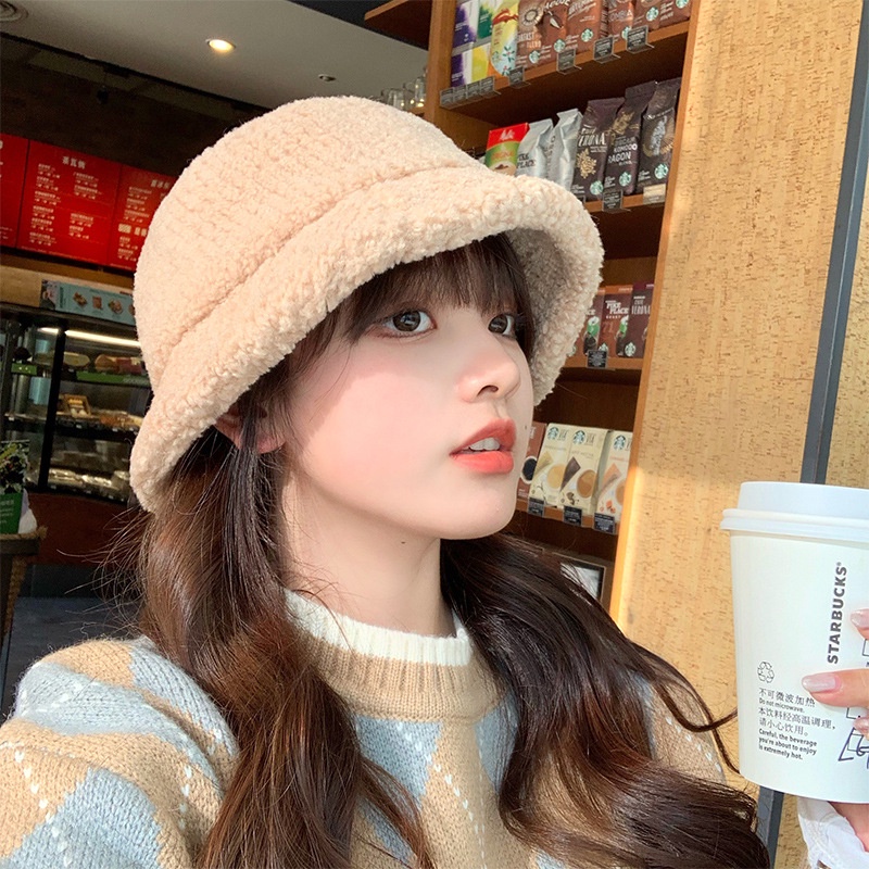 Mũ lông cừu giữ ấm màu sắc đơn giản phong cách Nhật Bản dành cho bạn nữ
