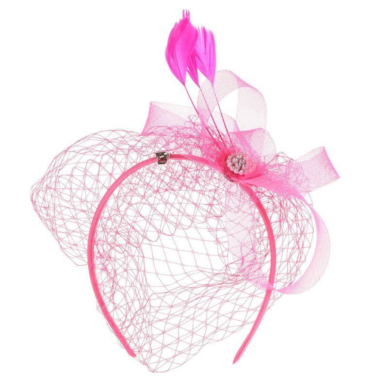 Băng đô cài tóc phối lưới che mặt đính kim cương và lông vũ