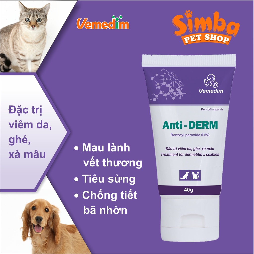 Gel bôi vết thương Anti-Derm - Vemedim - Trị viêm da, ghẻ, xà mâu chó, mèo -  tiêu sừng và chống tiết bã nhờn