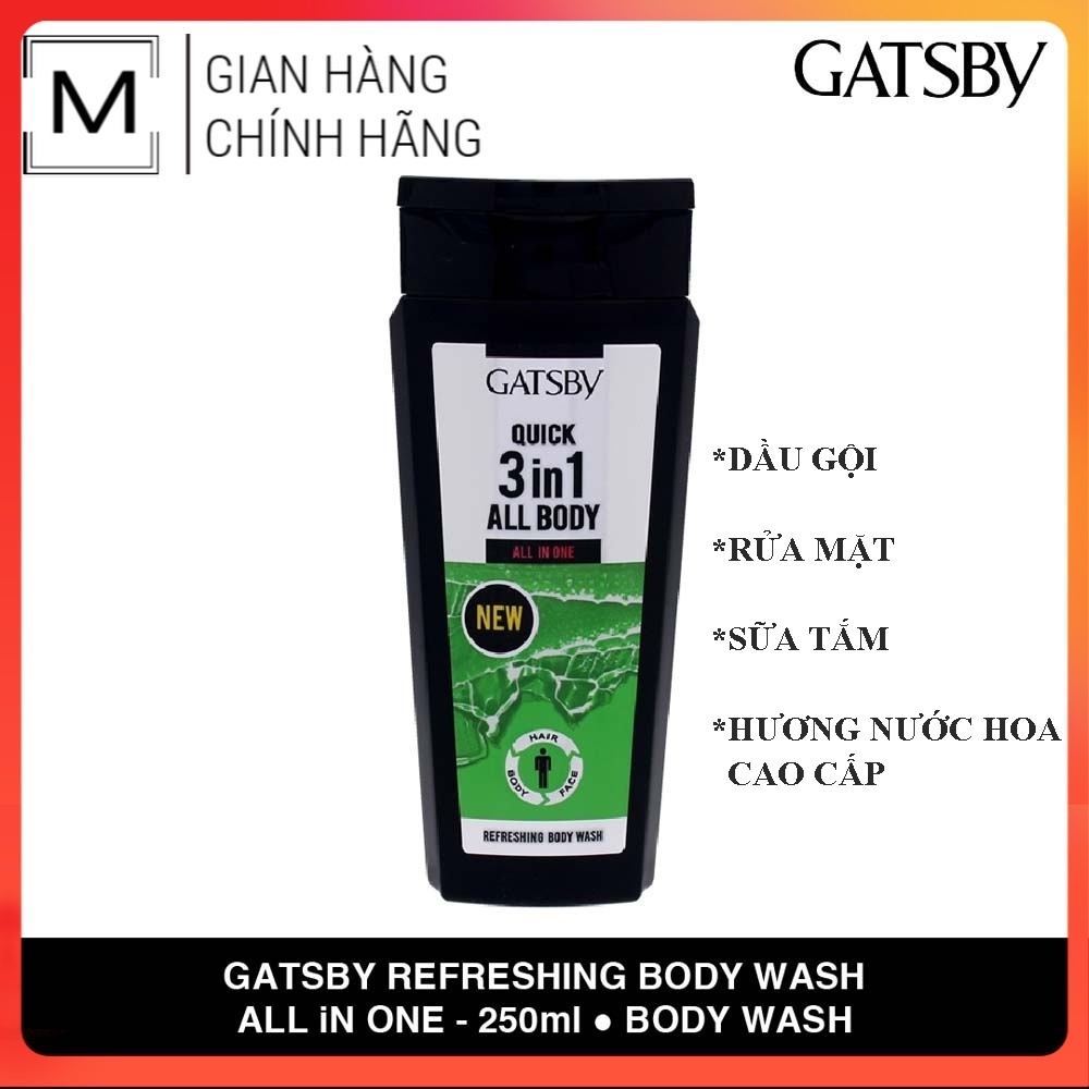 Sữa tắm gội rửa mặt hương nước hoa GATSBY Refreshing All in One 250ml mát lạnh cực đã - dầu gội - sữa rửa mặt - sữa tắm