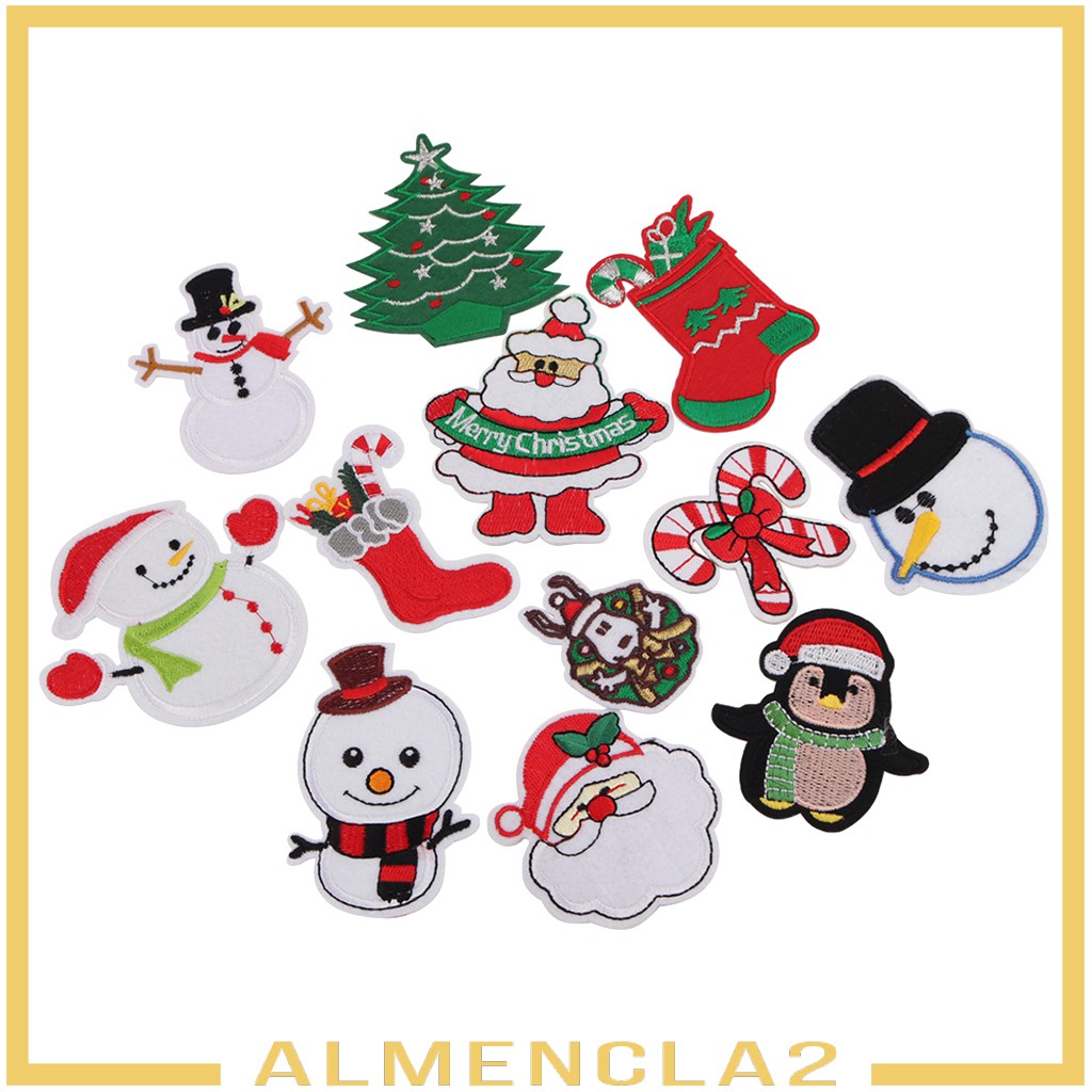 Set 10 / 12 Sticker Ủi Thêu Thiết kế Hình Người Tuyết Và Ông Già Noel Phong Cách Giáng Sinh Dễ Thương