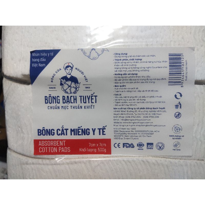 Bông cắt miếng y tế Bạch Tuyết ( 7 x7cm, gói 0,5kg) 100% cotton, bông dùng trong spa và vệ sinh cá nhân, - Soleil shop