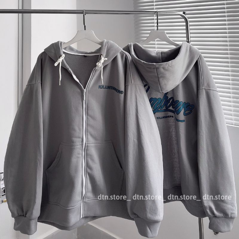 Áo Hoodie Zip Nam Nữ KILLWINER Xám Form Rộng Unisex Ulzzang
