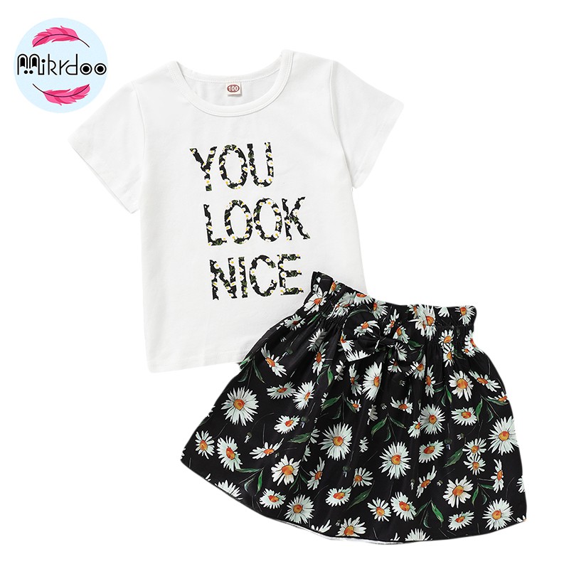 mikrdoo Kid Toddler Baby Girl Clothes Set Letters Print Short Sleeve T-shirt Top + Floral Print Skirt 2PCS Fashion Suit