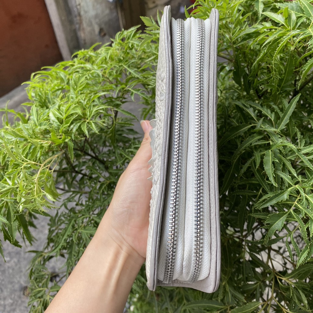 VÍ CẦM TAY DA CÁ SẤU THẬT 22x12 CM MÀU TRẮNG TINH KHÔI 2 DÂY KÉO THỤC | RYRY STORE