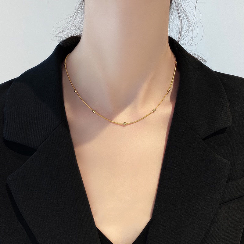 Dây chuyền thép titan mạ vàng hồng 18k đính hạt tròn phong cách âu mỹ chống thấm nước chống dị ứng không phai màu