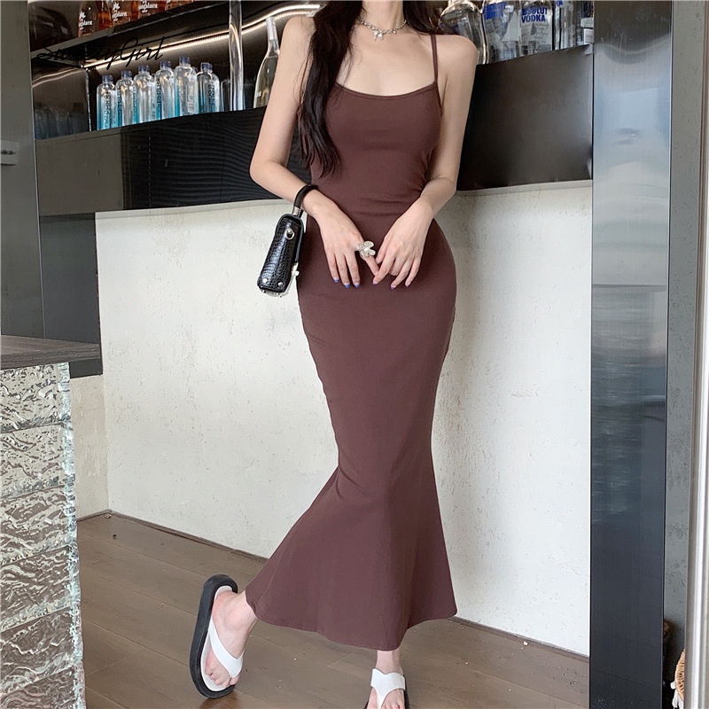Đầm Đuôi Cá Sát Nách Màu Trơn Thời Trang Quyến Rũ 2022 Cho Nữ