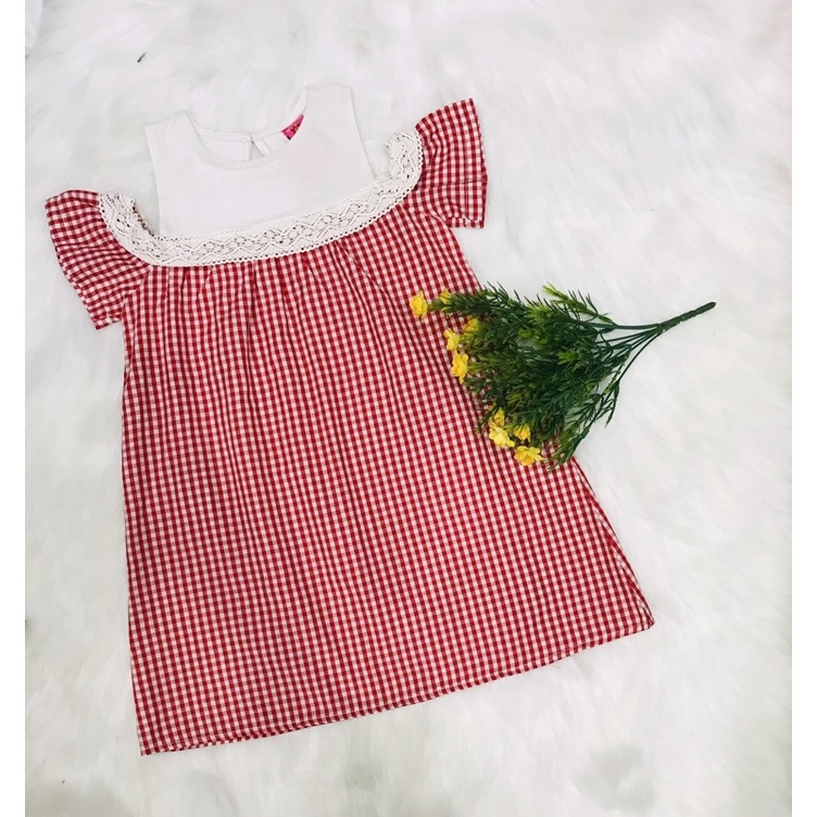 Đầm kate caro hở vai cho bé 4-8 tuổi chất kate phối ren dễ thương