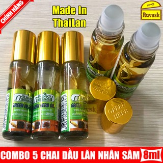 Combo 5 Chai Dầu Lăn Nhân Sâm Thảo Dược Thái Lan Cao Cấp GREEN HERB OIL 8Ml - Ruvask