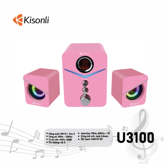 Loa Máy Tính Để Bàn 2.1 Mini Màu Hồng Dễ Thương, LOA USB 3 CÁI 1 BỘ,LOA KISONLI U3100- HÀNG CHÍNH HÃNG