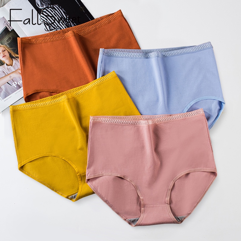 Quần lót FALLSWEET cotton lưng cao vừa mềm mại màu trơn size lớn L-3XL thời trang dành cho nữ